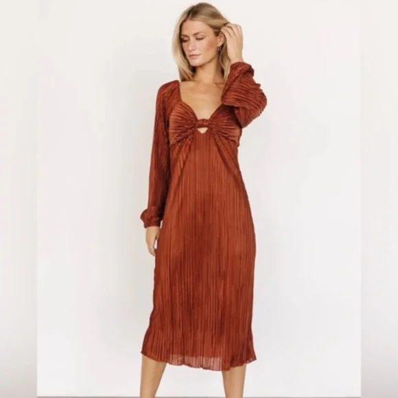 open lace back dress Pleats Copper Brown Dress